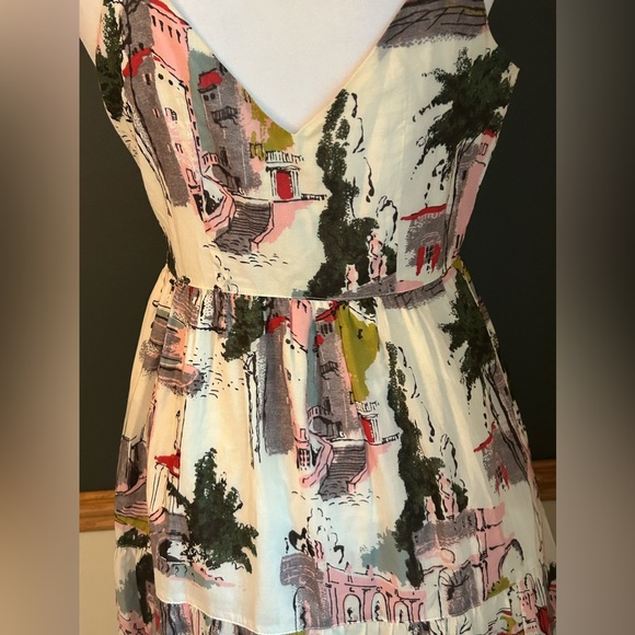 Anthropologie Lazy Bones Multicolor Cityscape Fit Flare Tiered Midi Dress Sz XS - Picture 9 of 12
